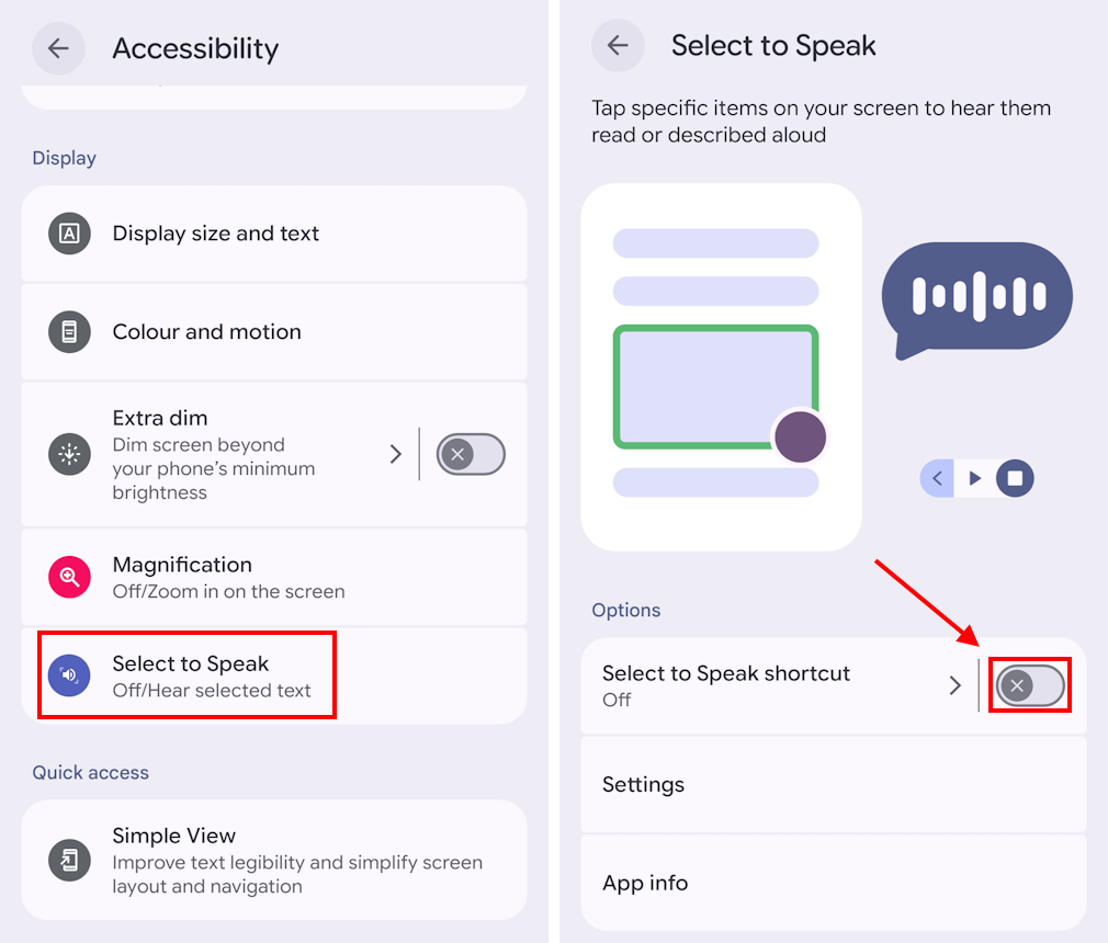 Tap Select to Speak then the toggle switch for Select to Speak shortcut to turn it on